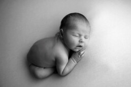 Black and white photo of a sleeping newborn, curled up on a soft surface with hands gently clasped under its cheek.